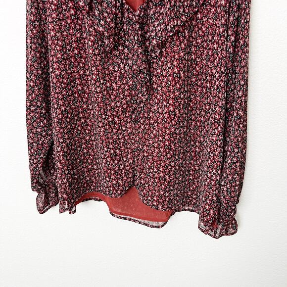 [LOFT] Red Black Floral Print Ruffle Neck Long Sleeve V-Neck Blouse Size Large L - Picture 8 of 11